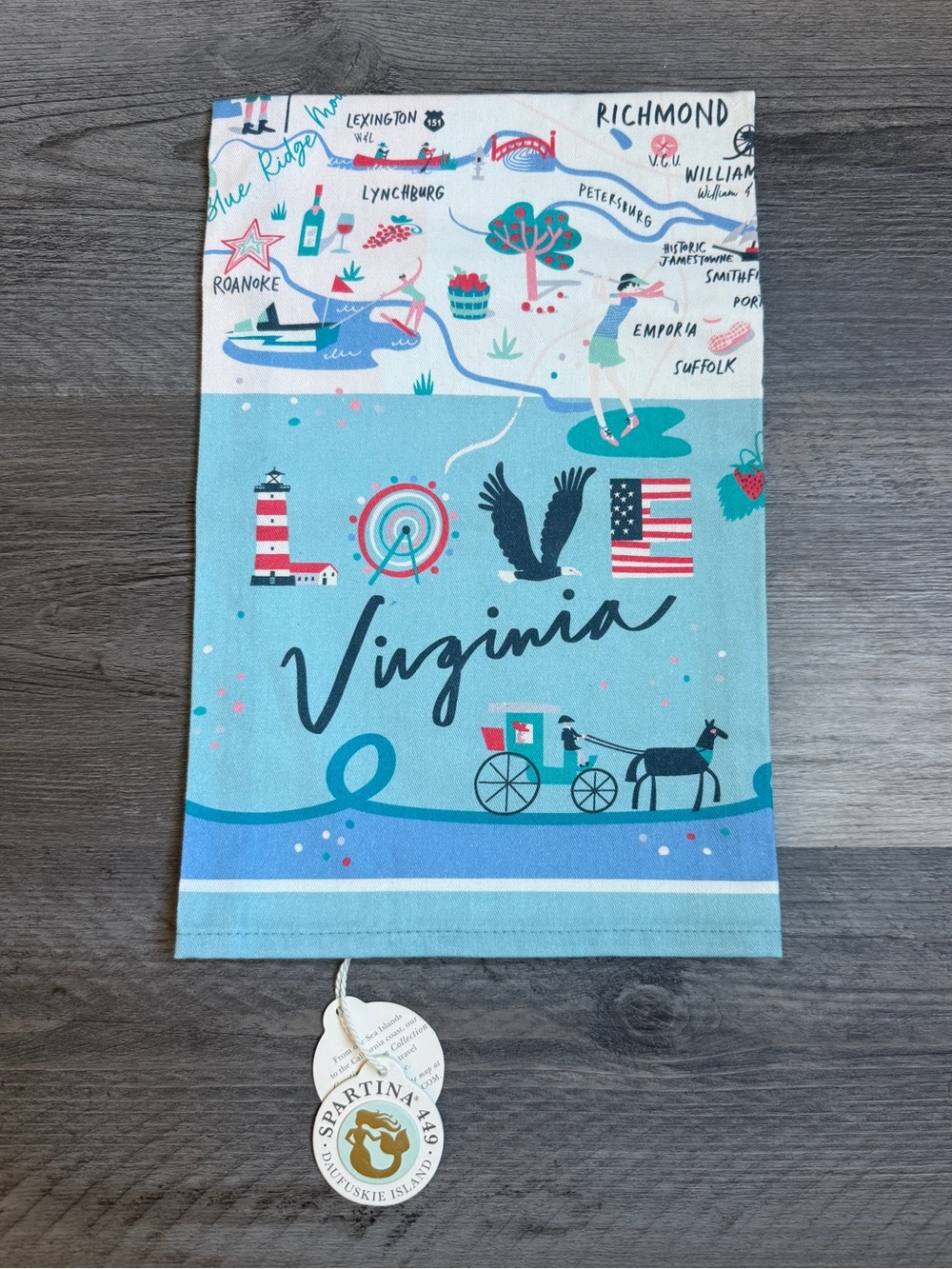 Spartina 449 LOVE Virginia Map Dish Towel NEW 100% Cotton